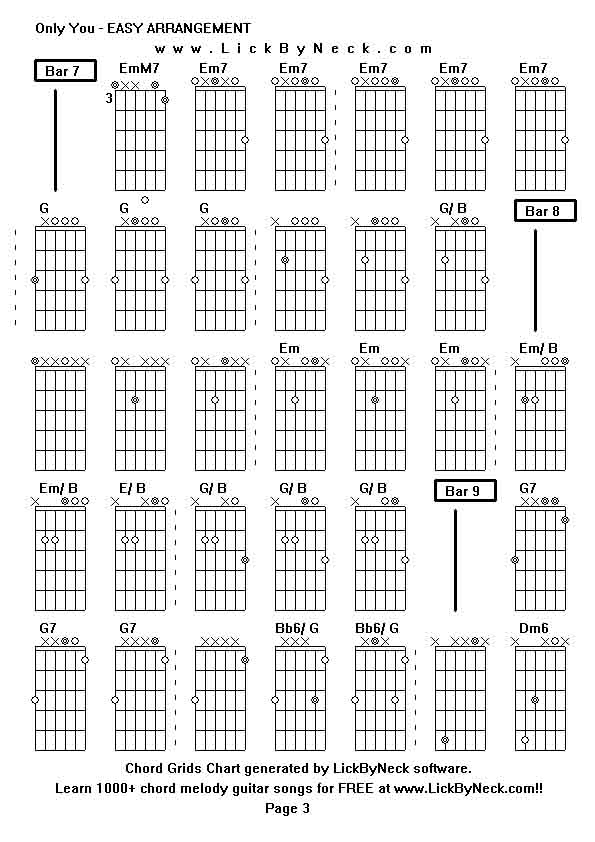 Chord Grids Chart of chord melody fingerstyle guitar song-Only You - EASY ARRANGEMENT,generated by LickByNeck software.